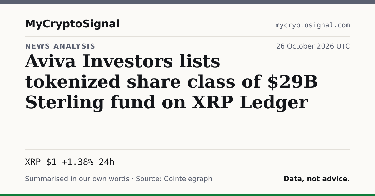 Aviva Investors lists tokenized share class of $29B Sterling fund on XRP Ledger