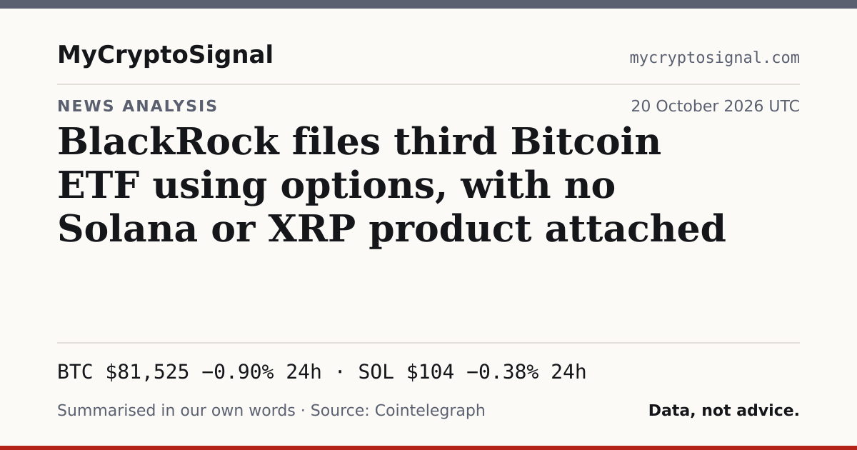 BlackRock files third Bitcoin ETF using options, with no Solana or XRP product attached