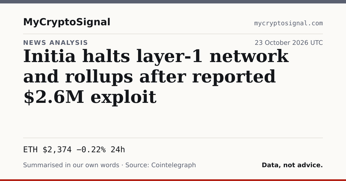 Initia halts layer-1 network and rollups after reported $2.6M exploit