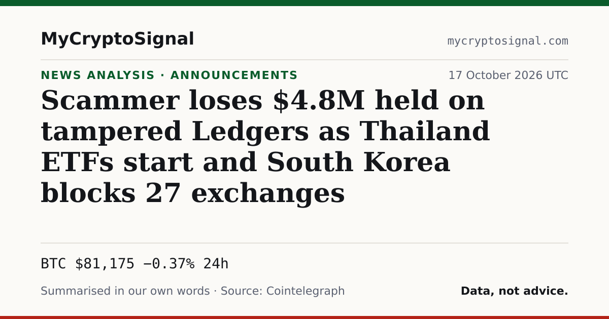 Scammer loses $4.8M held on tampered Ledgers as Thailand ETFs start and South Korea blocks 27 exchanges