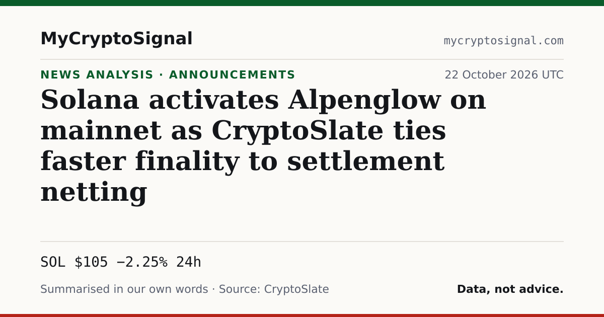 Solana activates Alpenglow on mainnet as CryptoSlate ties faster finality to settlement netting